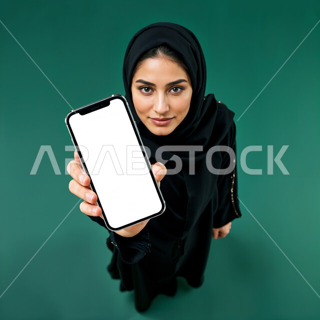الذكاء الاصطناعي الأجهزة التقنية الحديثة، الاهتمام بالأناقة والمظهر الخارجي، بورتريه مقرب لامرأة عربية خليجية سعودية مبتسمة محجبة ترتدي العباءة السوداء تحمل بيدها الهاتف المحمول و تنظر إلى الكاميرا بإيماءات السعادة و السرور, عرض شاشة بيضاء فارغة عبر الجوال, خلفية زرقاء
