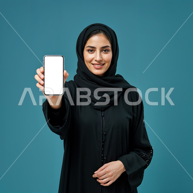 الذكاء الاصطناعي الأجهزة التقنية الحديثة، الاهتمام بالأناقة والمظهر الخارجي، بورتريه مقرب لامرأة عربية خليجية سعودية مبتسمة محجبة ترتدي العباءة السوداء تحمل بيدها الهاتف المحمول و تنظر إلى الكاميرا بإيماءات السعادة و السرور, عرض شاشة بيضاء فارغة عبر الجوال, خلفية زرقاء
