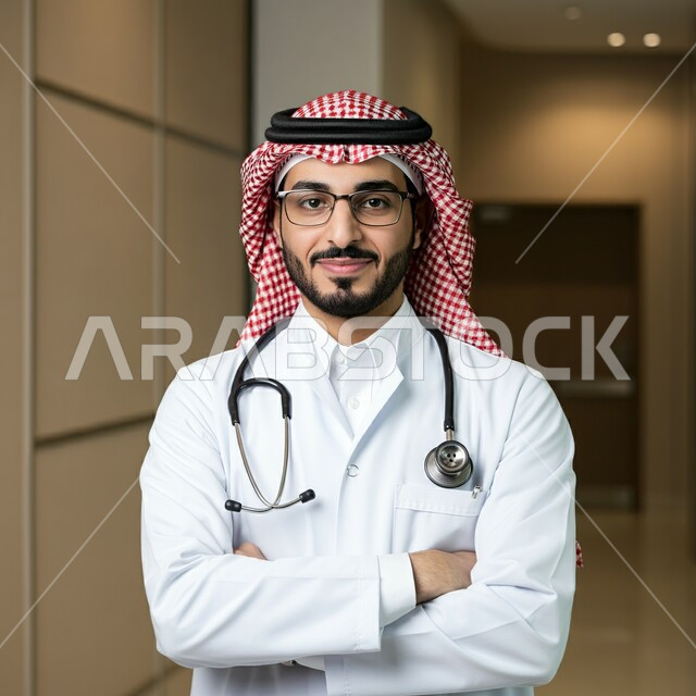 الاستعداد لتقديم الخدمات للمرضى بكل كفاءة ،مفهوم الطب والرعاية الصحية، بورتريه مقرب لطبيب عربي خليجي سعودي مبتسم يرتدي الثوب التقليدي والشماغ مع المعطف الأبيض يضع سماعة الفحص ينظر إلى الكاميرا بتعابير السعادة والسرور، الوقوف باستقامة بايماءات ايدي متقاطعة