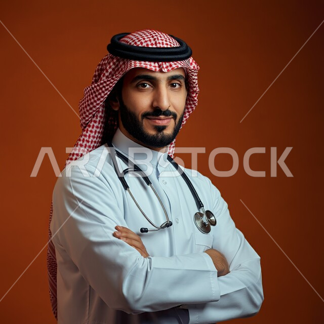 الاستعداد لتقديم الخدمات للمرضى بكل كفاءة ،مفهوم الطب والرعاية الصحية، بورتريه مقرب لطبيب عربي خليجي سعودي مبتسم يرتدي الثوب التقليدي والشماغ مع المعطف الأبيض يضع سماعة الفحص ينظر إلى الكاميرا بتعابير السعادة والسرور، الوقوف باستقامة بايماءات ايدي متقاطعة، خلفية بنية