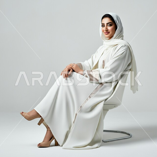 Portrait photos for official documents, modern fashion for veiled women, femininity, softness, interest in appearance and elegance, portrait of a veiled Saudi Arabian Gulf woman wearing a white abaya sitting on a comfortable chair, looking at the camera with gestures of happiness and pleasure, gray background