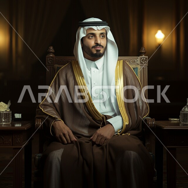 الاهتمام والعناية بالمظهر الخارجي، الأزياء التراثية العصرية، صورة  لرجل عربي خليجي سعودي يرتدي الثوب التقليدي يجلس على كرسي مريح ينظر الى الجانب بايماءات الثقة بالنفس، مفهوم الرجولة والأناقة, خلفية سوداء