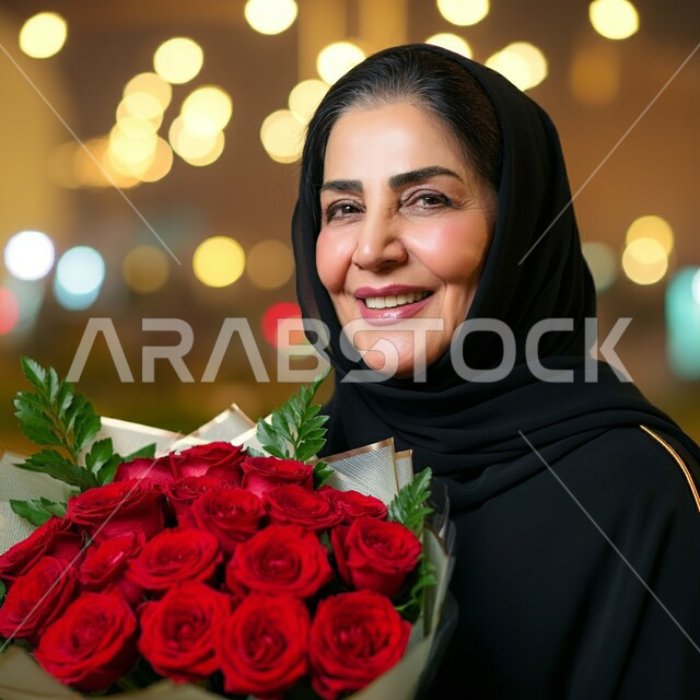 تقديم الزهور في الأعياد والمناسبات السعيدة، النظر إلى الكاميرا بإيماءات السعادة و السرور, صورة مقربة لامرأة عربية خليجية سعودية مبتسمة محجبة ترتدي عباءة سوداء تحمل بيدها بوكيه ورد جوري أحمر، انتقاء باقة مميزة من الورود