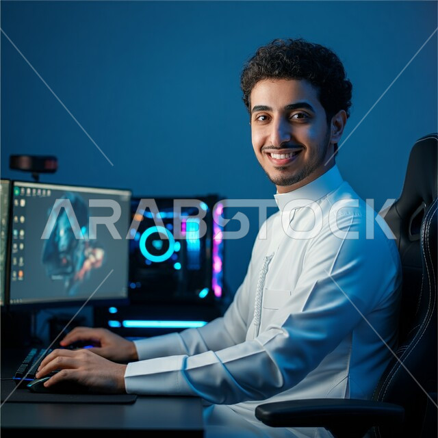 دمج العمل مع التقنية والتكنولوجيا, رجل عربي خليجي سعودي يرتدي الثوب التقليدي والشماغ، يجلس على كرسي مريح يستخدم الحاسوب المحمول، مفهوم إدارة شؤون الأعمال وتنظيمها عبر الاجهزة الحديثة، عقد إجتماع عمل عبر الإنترنت