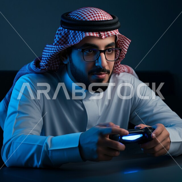 التفاعل والاندماج مع ألعاب البلايستيشن، تقنيات حديثة مسلية, صورة مقربة لرجل عربي سعودي خليجي يرتدي الثوب التقليدي والشماغ يجلس على كرسي مريح يحمل بيده عصا التحكم ويلعب بألعاب الفيديو، استخدام التقنيات الالكترونية والأجهزة الحديثة
