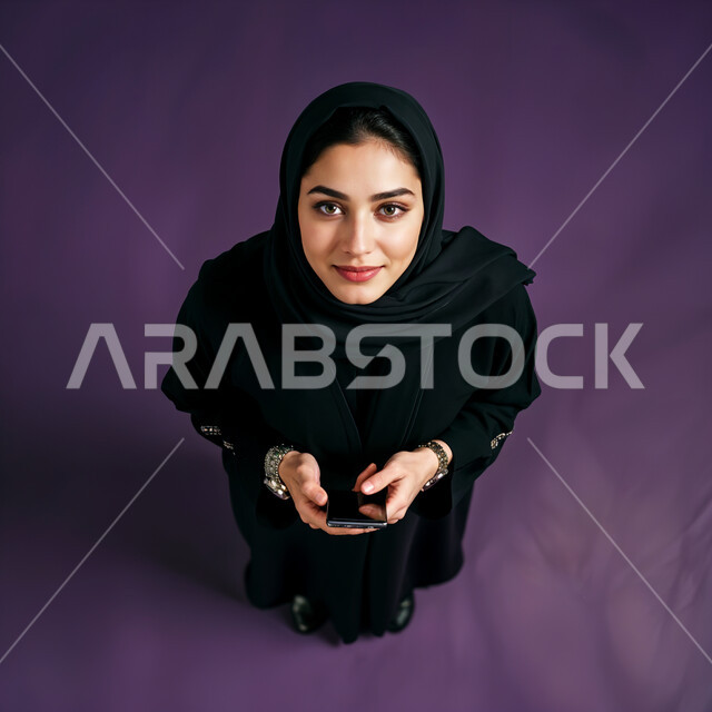 إيماءات الابتسامه السرور والثقه بالنفس ، الذكاء الاصطناعي مفهوم النعومة و الأنوثة، الاهتمام بالأناقة والمظهر الخارجي، صورة مقربة من الاعلى لامرأة عربيه خليجيه سعودية مبتسمة محجبة ترتدي العباءة والحجاب،  أزياء محجبات عصرية حديثة, خلفية بنفسجية