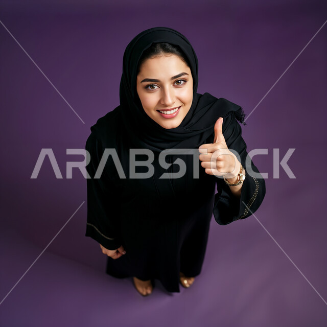 إيماءات الابتسامه السرور والثقه بالنفس ، الذكاء الاصطناعي مفهوم النعومة و الأنوثة، الاهتمام بالأناقة والمظهر الخارجي، صورة مقربة من الاعلى لامرأة عربيه خليجيه سعودية مبتسمة محجبة ترتدي العباءة والحجاب،  أزياء محجبات عصرية حديثة, خلفية بنفسجية