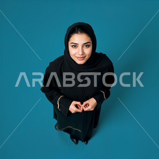 ابتسامه السرور والثقه بالنفس ، الذكاء الاصطناعي مفهوم النعومة و الأنوثة، الاهتمام بالأناقة والمظهر الخارجي، صورة مقربة من الاعلى لامرأة عربيه خليجيه سعودية مبتسمة محجبة ترتدي العباءة والحجاب،  أزياء محجبات عصرية حديثة, خلفية زرقاء