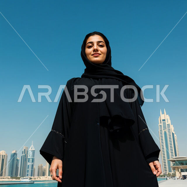 ابتسامه السرور والثقه بالنفس ، الذكاء الاصطناعي مفهوم النعومة و الأنوثة، الاهتمام بالأناقة والمظهر الخارجي، صورة مقربة من الاعلى لامرأة عربيه خليجيه سعودية مبتسمة محجبة ترتدي العباءة والحجاب،  أزياء محجبات عصرية حديثة, خلفية طبيعية