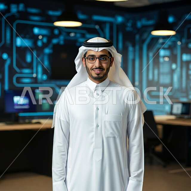 النظر إلى الكاميرا بإيماءات السرور والسعادة، القيام بالأعمال المكتبية، الأناقة والاهتمام بالمظهر الخارجي, صورة لرجل عربي سعودي خليجي مبتسم يرتدي الشماغ والثوب التقليدي يقف باستقامة داخل المكتب، إدارة شؤون العمل وتنظيمها، خلفية الشاشات المضيئة