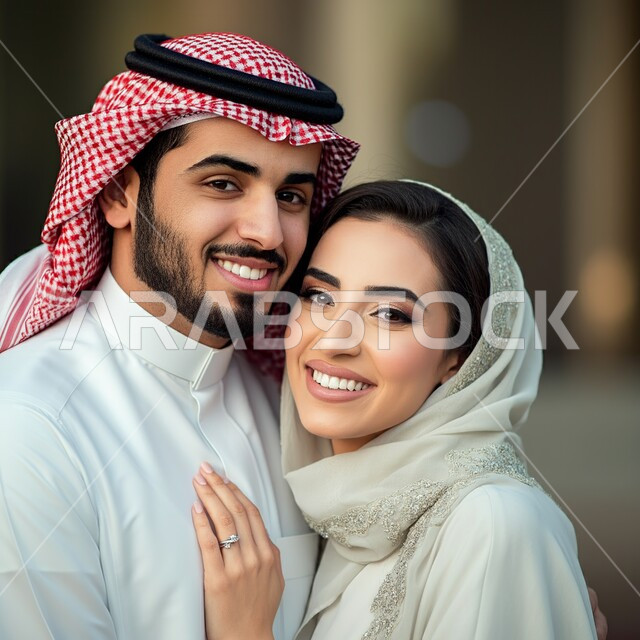 مفهوم العائلة السعودية السعيدة، ارتداء الأزياء العربية التقليدية، صورة مقربة لزوجان عربيان خليجيان سعوديان يقفان باستقامة وينظران إلى الكاميرا بايماءات السرور والسعادة، الاهتمام بالأناقة والمظهر الخارجي