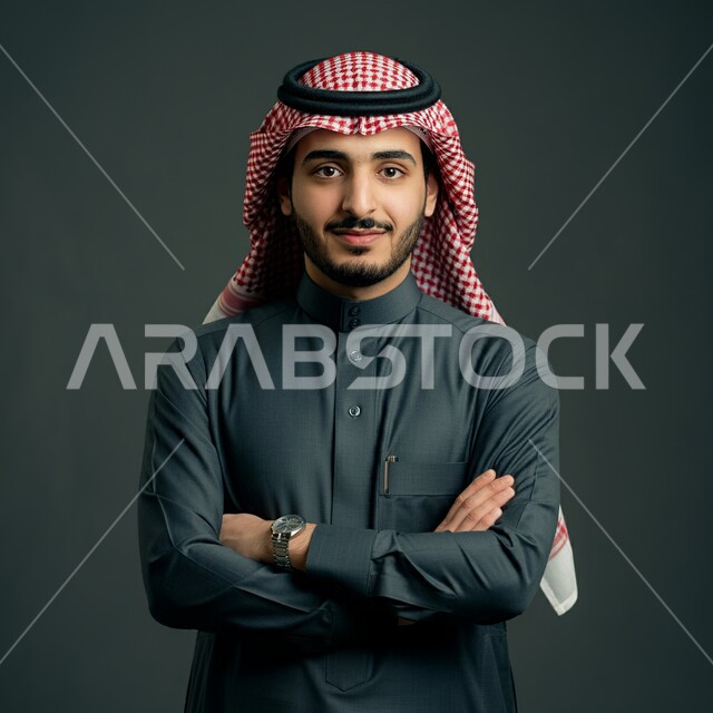 مفهوم الاناقة والرجولة، صورة مقربة لشاب عربي خليجي سعودي مبتسم يرتدي الشماغ والثوب التقليدي ينظر إلى الكاميرا بإيماءات السعادة والسرور، الاهتمام بالمظهر الخارجي