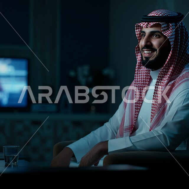 مشاهدة فلم سينمائي، صورة مقربة من الجانب لرجل عربي خليجي سعودي يرتدي الثوب التقليدي والشماغ يجلس على الكنبة ينظر إلى مكان ما بايماءات السعادة والسرور، انشطة ترفيهية منزلية،عابير الاندماج والتركيز، متابعة برامج التلفاز، قضاء وقت ممتع في المنزل