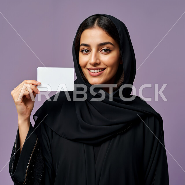 Purchase and payment by bank credit card, gestures and expressions of happiness and pleasure, possibility of paying bills by electronic cards, close-up portrait of a veiled Saudi Arabian Gulf woman holding an ATM card in her hand, purple background
