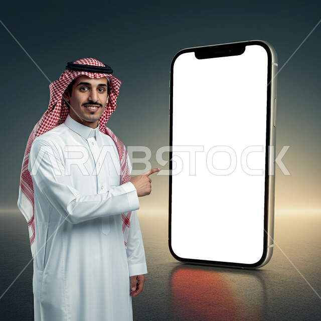 إعلانات تسويقية ترويجية عبر الجوال، صورة مقربة لرجل عربي خليجي سعودي يرتدي الثوب التقليدي يشير بأصبع السبابة إلى مجسم ضخم ثلاثي الابعاد لجوال بشاشة بيضاء فارغة، النظر الى الكاميرا بإيماءات السعادة والسرور، استخدام التقنيات والأجهزة الحديثة