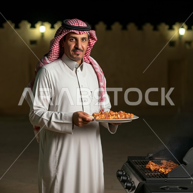 مأكولات وأصناف عربية شرقية، صورة لرجل عربي سعودي خليجي يرتدي الثوب التقليدي والشماغ يحمل بيده طبق من أسياخ اللحم والدجاج المشوية، أطباق الباربكيو الشهية، وجبات الطعام اللذيذة الصحية، مطاعم المشاوي في المملكة العربية السعودية، الاستمتاع في حفلة الشواء