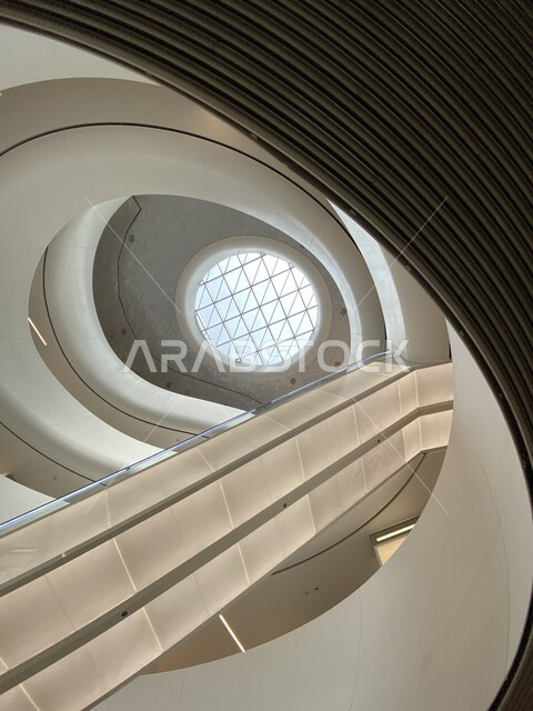 Galleries and libraries, a close-up of the interior of the escalators at the Knowledge Enrichment Center in Dhahran, Saudi Arabia, educational cultural places in Saudi Arabia, interior architectural designs, King Abdulaziz Center for World Culture