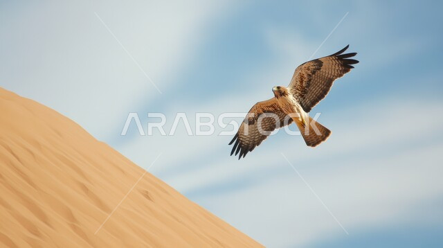 مفهوم الافتراس وحدة البصر, الطيور الجارحة وحياة الحيوانات البرية, طائر الصقر يحلق في السماء الصافية في صحراء المملكة العربية السعودية, تنوع الثروة الحيوانية