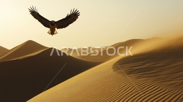 Birds of prey and wildlife, an eagle soaring with its large wings in the clear sky in the desert of Saudi Arabia, the concept of predation and visual acuity, diversity of animal wealth