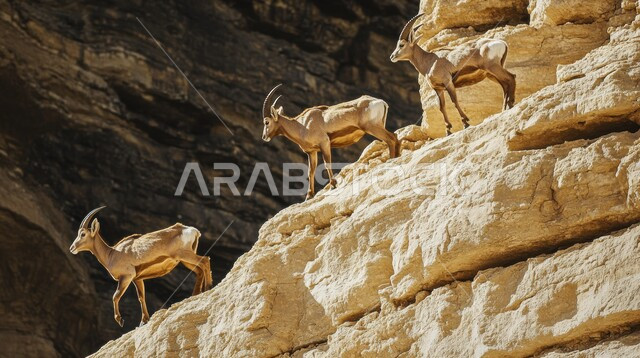 محميات طبيعية لتربية الحيوانات البرية، التكوينات والتشكيلات الصخرية في المناطق الصحراوية, مجموعة من الغزلان تتسابق فوق الصخور صحاري المملكة العربية السعودية، الاهتمام برعاية حيوان المها