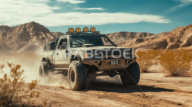 الأنشطة الترفيهية لقيادة السيارات في المناطق الصحراوية، مغامرة سفاري على الكثبان الرملية في المملكة العربية السعودية , صورة مقربة لسيارة الدفع الرباعي الجبلية على رمال الصحراء الذهبية الناعمة, التلال الرملية والتشكيلات والتكوينات الصخرية في الصحارى العربية