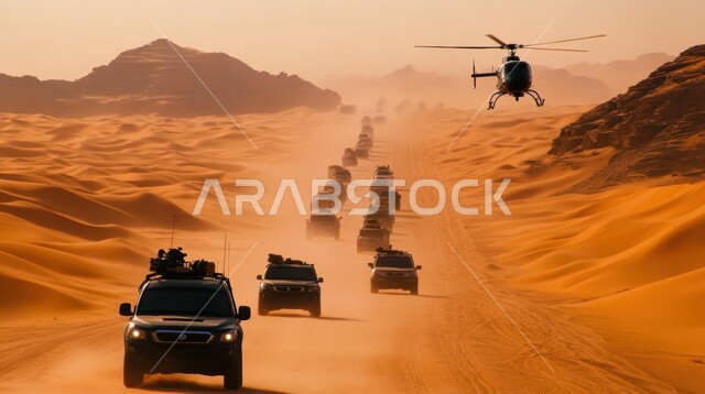 أنشطة صحراوية ممتعة، مغامرة شيقة على الرمال الذهبية الناعمة في صحاري المملكة العربية السعودية، طائرة هيلكوبتر تحلق فوق مجموعة من سيارات الدفع الرباعي وسط الصحراء، الاستمتاع بممارسة الهوايات، مغامرات السفاري على الكثبان الرملية