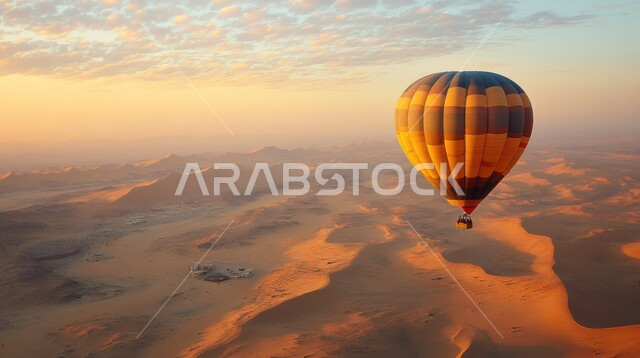 منطاد مملوء بالهواء الساخن يحلق فوق الصحراء الواسعة, الأنشطة الترفيهية الممتعة, وجهة عائلية سياحية طبيعية, البالونات الهوائية تطير في سماء المملكة العربية السعودية