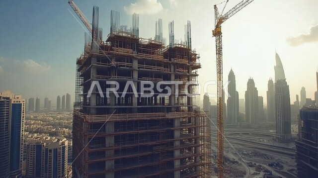 أعمال البناء وصب الخرسانات ووضع الأساسات, مبنى قيد الانشاء في الإمارات العربية المتحدة, الآلات والمعدات الثقيلة والرافعات والسقالات العالية, مفهوم الهندسة الانشائية والمعمارية, تنفيذ مخطط الإعمار وتشكيل الهيكل المعدني, برج تحت التشييد باستخدام الآليات الحديثة