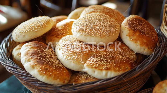 إتقان مهارة إعداد المخبوزات والمعجنات الشهية الطازجة في مطابخ المملكة العربية السعودية، صورة مقربة لسلة خوص مليئة بخبز السمسم الطازج، وجبة ذات قيمة غذائية، وصفات طعام صحية لذيذة