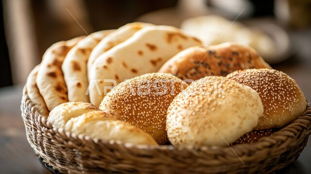 إتقان مهارة إعداد المخبوزات والمعجنات الشهية الطازجة في مطابخ المملكة العربية السعودية، صورة مقربة لسلة خوص مليئة بخبز السمسم الطازج، وجبة ذات قيمة غذائية، وصفات طعام صحية لذيذة