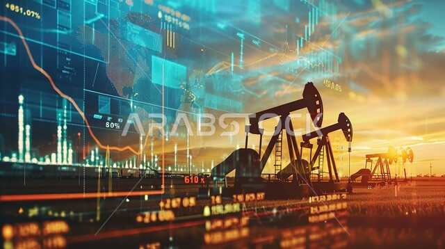 رسم بياني هولوجرامي توضيحي للمؤشرات الاقتصادية، تصدير وبيع الثروات الباطنية في المملكة العربية السعودية، استنباط النفط والزيوت، جودة أدوات ومعدات استخراج البترول، صورة ظليلية لحفارة تقوم بالتنقيب عن النفط في الصحراء وقت غروب الشمس، سالوليت