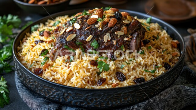 صحن من رز الكبسة، فنون تقديم الطعام في المطاعم الشرقية، مأكولات وأطباق عربية تقليدية، صورة مقربة لطبق من أرز البرياني مع قطع من لحم الضأن المطهي، وصفات الطعام الصحية الشهية