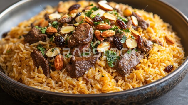 صحن من رز الكبسة، فنون تقديم الطعام في المطاعم الشرقية، مأكولات وأطباق عربية تقليدية، صورة مقربة لطبق من أرز البرياني مع قطع من لحم الضأن المطهي، وصفات الطعام الصحية الشهية