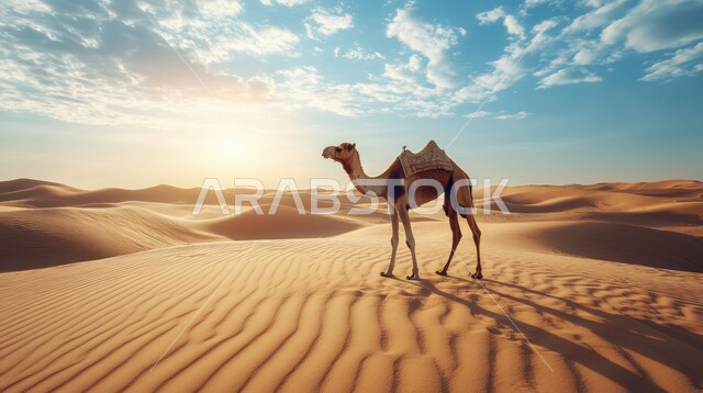 تربية الجمال والابل في المحميات الطبيعية في المملكة العربية السعودية ، جمل عربي أصيل وسط الصحراء في النهار، التلال و الكثبان الرملية، الرمال الذهبية الناعمة، الاهتمام ورعاية المواشي والثدييات في الصحاري