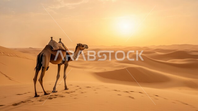 جمل عربي أصيل وسط الصحراء في النهار، تربية الجمال والابل في المحميات الطبيعية في المملكة العربية السعودية ، التلال و الكثبان الرملية، الرمال الذهبية الناعمة، الاهتمام ورعاية المواشي والثدييات في الصحاري