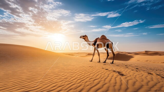 التلال و الكثبان الرملية، الرمال الذهبية الناعمة، جمل عربي أصيل وسط الصحراء في النهار، تربية الجمال والابل في المحميات الطبيعية في المملكة العربية السعودية ، الاهتمام ورعاية المواشي والثدييات في الصحاري