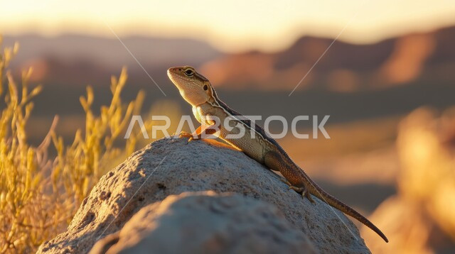 حيوان العظاء (الضب) في الصحراء، صورة مقربة لسحلية على احد الصخور في المملكة العربية السعودية ، الاهتمام بالزواحف البرية والحيوانات الصحراوية