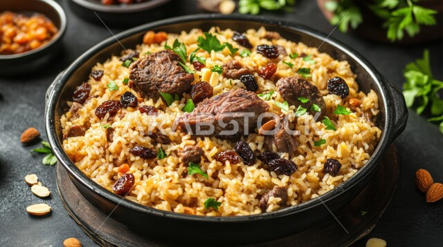 صحن من رز الكبسة، فنون تقديم الطعام في المطاعم الشرقية، مأكولات وأطباق عربية تقليدية، صورة مقربة لطبق من أرز البرياني مع قطع من لحم الضأن المطهي، وصفات الطعام الصحية الشهية