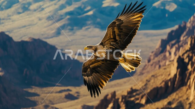 نسر يحلق بجناحيه الكبيرين في السماء الصافية في صحراء المملكة العربية السعودية, الطيور الجارحة وحياة الحيوانات البرية, مفهوم الافتراس وحدة البصر, تنوع الثروة الحيوانية، التضاريس الجبلية والتكوينات والتشكيلات الصخرية 