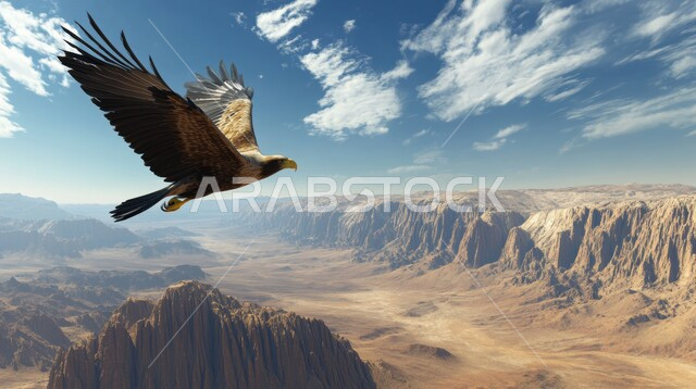 نسر يحلق بجناحيه الكبيرين في السماء الصافية في صحراء المملكة العربية السعودية, الطيور الجارحة وحياة الحيوانات البرية, مفهوم الافتراس وحدة البصر, تنوع الثروة الحيوانية، التضاريس الجبلية والتكوينات والتشكيلات الصخرية 