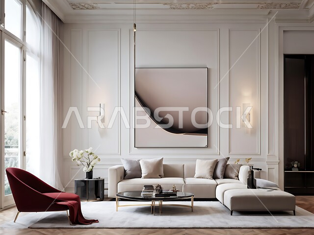 لوحات حائط دائرية مزخرفة، فنادق ومنتجعات فاخرة، غرفة معيشة بتصميمات عصرية، غرف معيشة بديكورات داخلية مميزة، أثاث منزلي راقي بألوان هادئة، تصميمات انيقة بأسلوب عصري، شقق وفلل سكنية