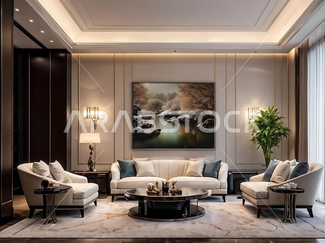 لوحات حائط دائرية مزخرفة، فنادق ومنتجعات فاخرة، غرفة معيشة بتصميمات عصرية، غرف معيشة بديكورات داخلية مميزة، أثاث منزلي راقي بألوان هادئة، تصميمات انيقة بأسلوب عصري، شقق وفلل سكنية