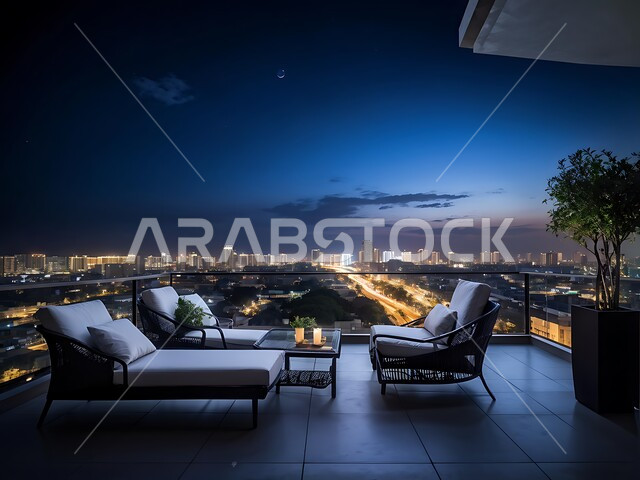 تراس لسطح منزل بديكورات أنيقة مطل على الأبراج نهاراً, مفهوم الاسترخاء و الاستمتاع بالأجواء الهادئة, الفن الهندسي المعماري للمباني و ناطحات السحاب, الشقق و المنازل في المملكة العربية السعودية