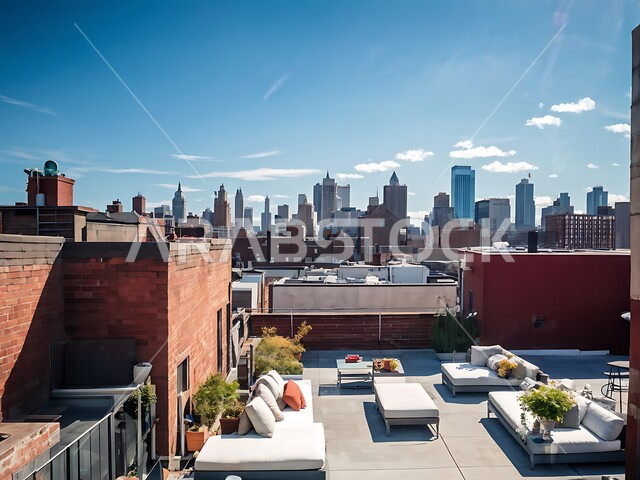 تراس لسطح منزل بديكورات أنيقة مطل على الأبراج نهاراً, مفهوم الاسترخاء و الاستمتاع بالأجواء الهادئة, الفن الهندسي المعماري للمباني و ناطحات السحاب, الشقق و المنازل في المملكة العربية السعودية