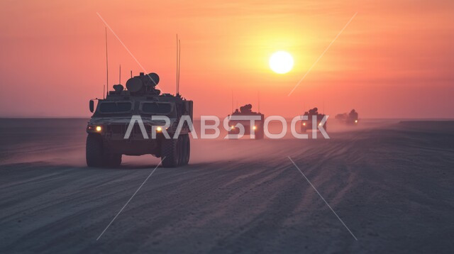 مغامرات السفاري على الكثبان الرملية، أنشطة صحراوية ممتعة، مغامرة شيقة على الرمال الذهبية الناعمة في صحاري المملكة العربية السعودية، مجموعة من سيارات الدفع الرباعي وسط الصحراء وقت غروب الشمس، الاستمتاع بممارسة الهوايات