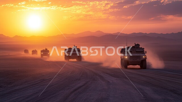 مغامرات السفاري على الكثبان الرملية، أنشطة صحراوية ممتعة، مغامرة شيقة على الرمال الذهبية الناعمة في صحاري المملكة العربية السعودية، مجموعة من سيارات الدفع الرباعي وسط الصحراء وقت غروب الشمس، الاستمتاع بممارسة الهوايات