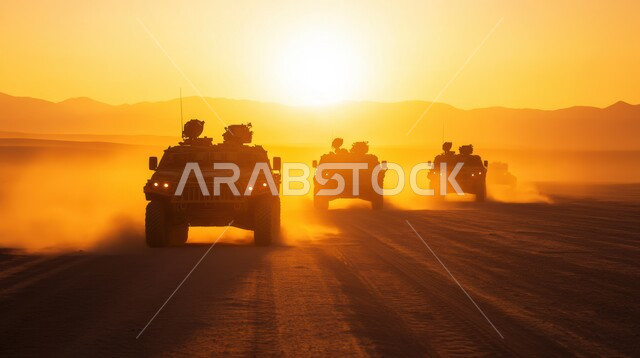 Dune safari adventures, fun desert activities, exciting adventure on the soft golden sands of the deserts of Saudi Arabia, a group of four-wheel drive vehicles in the middle of the desert at sunset, enjoying hobbies