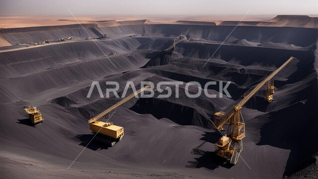 كميات ضخمة من إنتاج الفحم الوطني، مناجم الفحم الطبيعي العربية، مناطق التنقيب عن الثروات الباطنية، الطبيعة الصخرية وتضاريس السلاسل الجبلية، المرتفعات وقمم الجبال في المملكة العربية السعودية, سيارة شحن كبيرة تقوم بالعمل في موقع التعدين