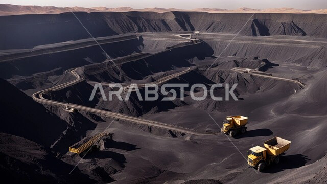 كميات ضخمة من إنتاج الفحم الوطني، مناجم الفحم الطبيعي العربية، مناطق التنقيب عن الثروات الباطنية، الطبيعة الصخرية وتضاريس السلاسل الجبلية، المرتفعات وقمم الجبال في المملكة العربية السعودية, سيارة شحن كبيرة تقوم بالعمل في موقع التعدين