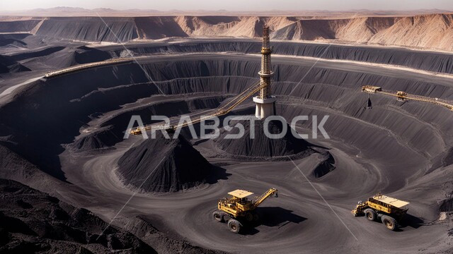 مناجم الفحم الطبيعي العربية، مناطق التنقيب عن الثروات الباطنية، المرتفعات وقمم الجبال في المملكة العربية السعودية، سيارة شحن كبيرة تقوم بالعمل في موقع التعدين